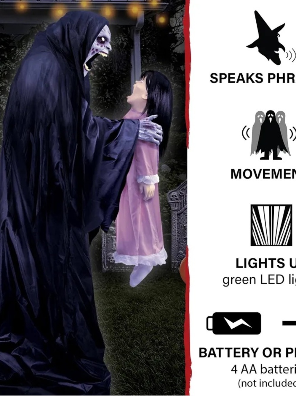 Spooky Hanging Doll & Grim Reaper Kids Costume Prop - Black & Pink Animatronic